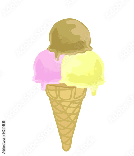 ice cream strawberry chocolate and vanilla three scoops cornet scoop sweet sugar summer symbol cold snack isolated on white background