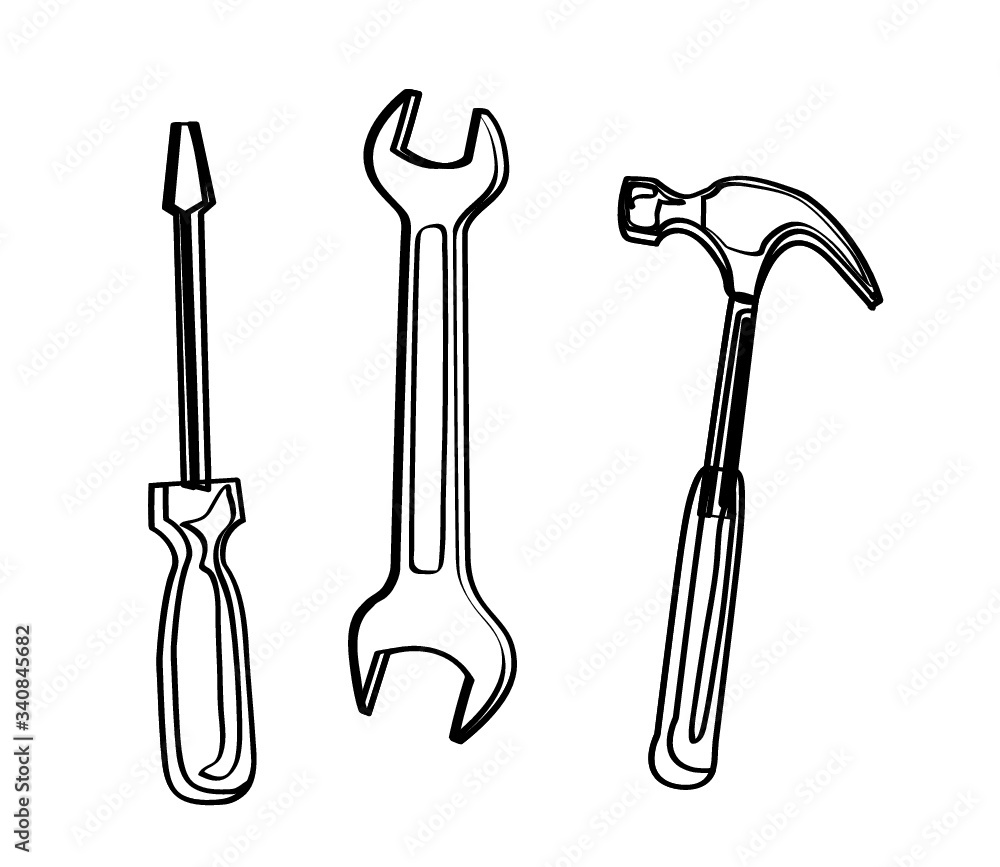 wrench hammer and screwdriver tool symbol isolated on white background wrench hammer and screwdriver tool symbol isolated on white background