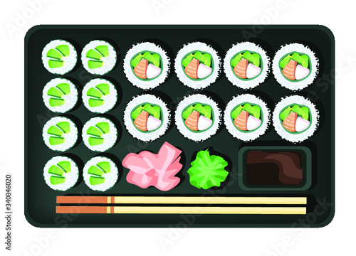 california style and maki salmon avocado sushi on plate with ginger wasabi and chopsticks japanese food asia rice raw fish sea food icon isolated on white background 