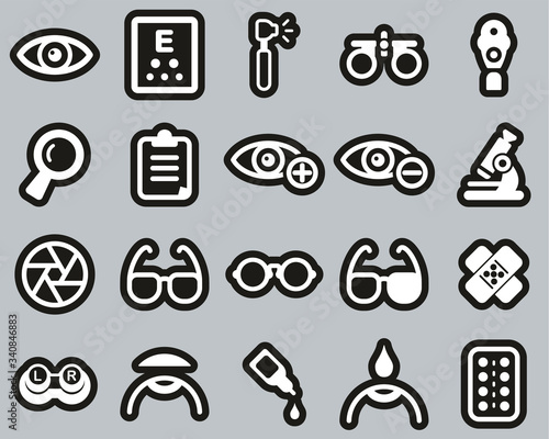 Optometry Exam & Optometry Equipment Icons White On Black Sticker Set Big © Bakai