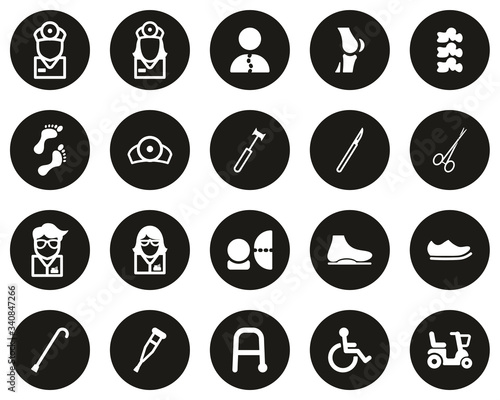 Orthopedic Exam & Orthopedic Equipment Icons White On Black Flat Design Circle Set Big