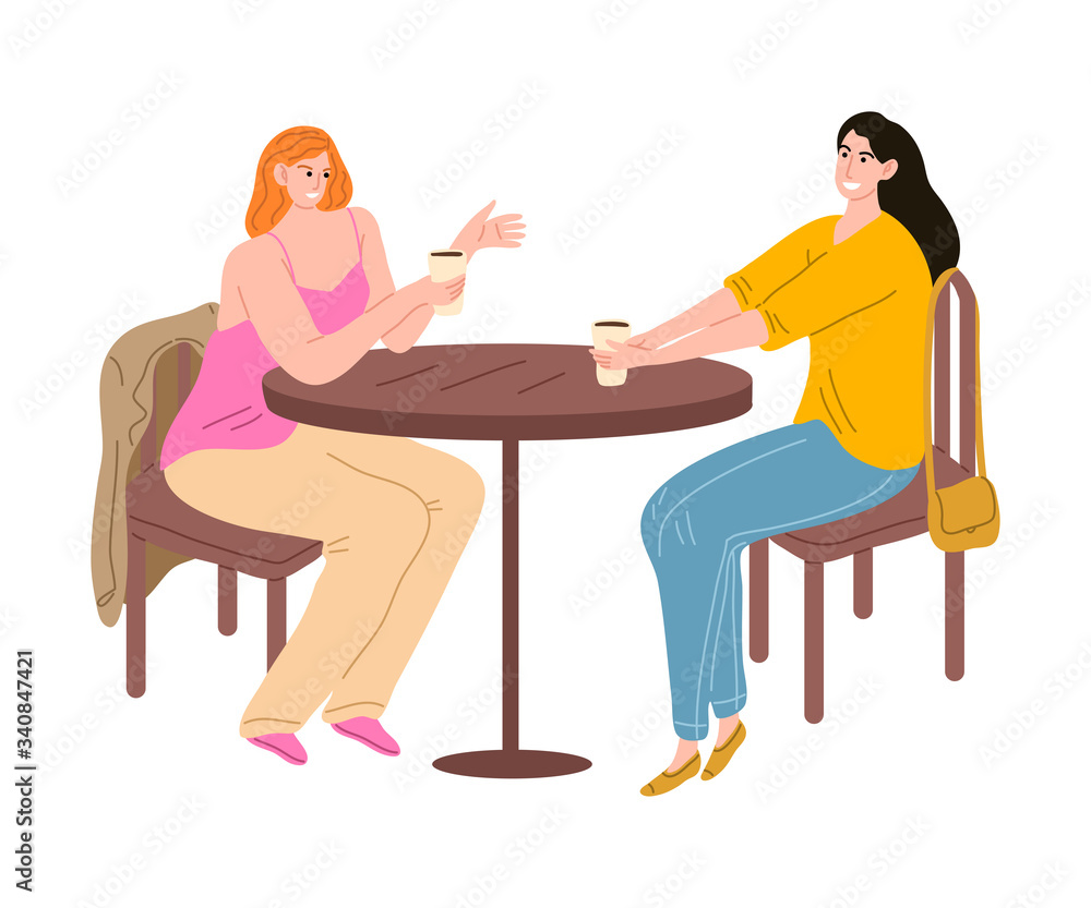 Young woman meeting friend and drinking coffee in coffeeshop vector illustration Young woman meeting friend and drinking coffee in coffeeshop vector illustration