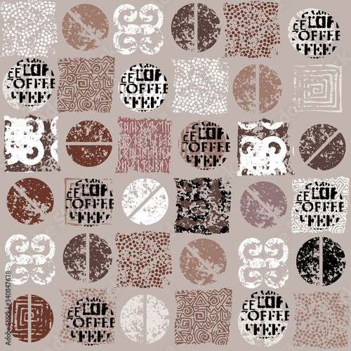 Coffee. Abstract coffee pattern with lettring. Seamless vector pattern.
