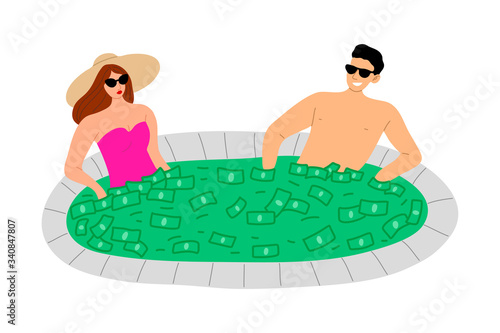 Young rich couple relaxing in swimming pool full of money vector illustration
