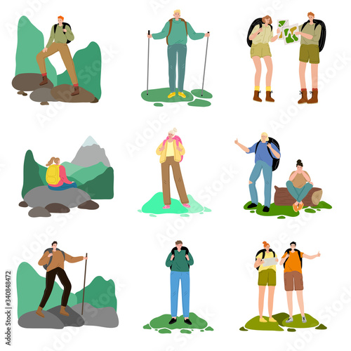 Set of people travelers enjoying hiking and traveling on nature vector illustration