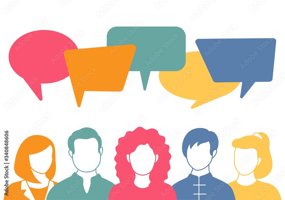 People avatars with speech bubbles. Men and woman communication, talking llustration. Coworkers, team, thinking, question, idea, brainstorm concept. People avatars with speech bubbles. Men and woman communication, talking llustration. Coworkers, team, thinking, question, idea, brainstorm concept.
