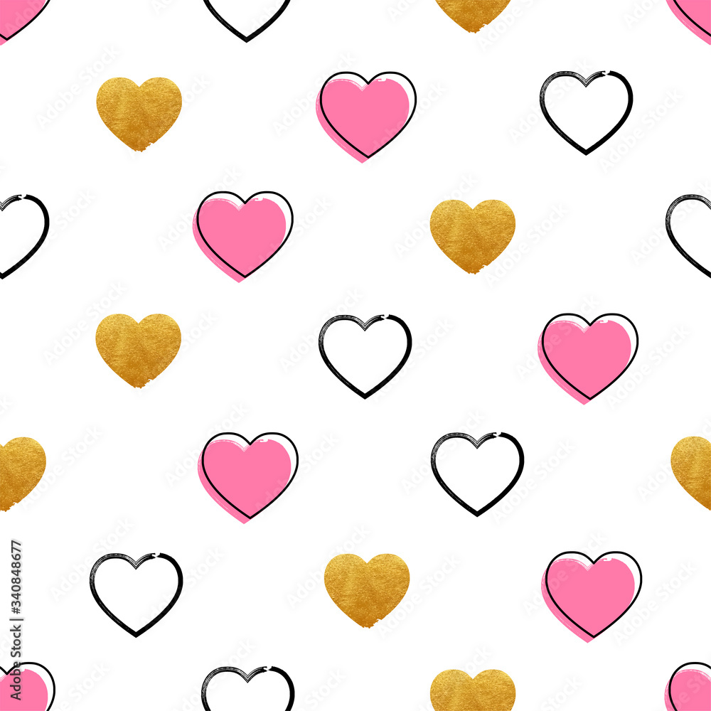 Vector Illustration Heart Shape Pattern. Golden And Handdrawn Hearts.
