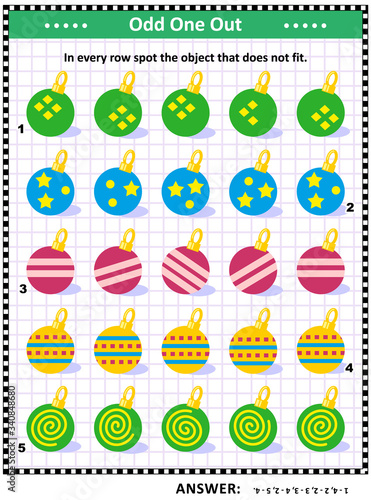 Visual logic puzzle with christmas ornaments: In every row spot the object that does not fit. Answer included.
