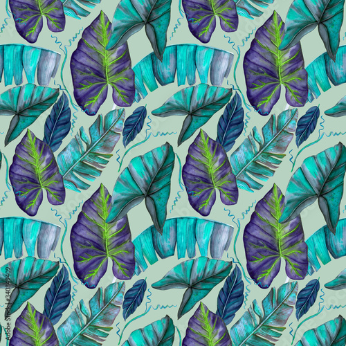 Seamless exotic pattern with tropical banana leaves in vintage style.