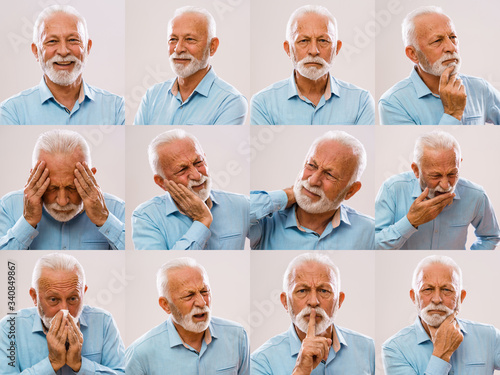 Collage of senior man portraits with variety of facial expressions.