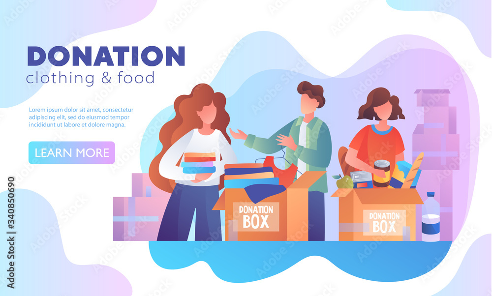 Charity concept with people giving donations of clothing and food to social workers packing them in boxes with room for text and web button, vector illustration Charity concept with people giving donations of clothing and food to social workers packing them in boxes with room for text and web button, vector illustration