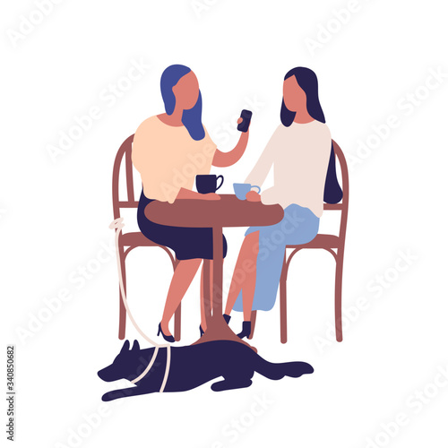Two cartoon girl friend sit at table in cafe talk use smartphone together vector flat illustration