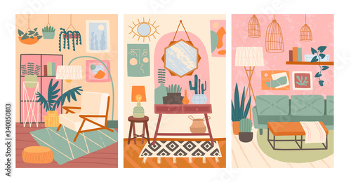 Three interior design, furnishing or decor poster designs showing an easy chair in a lounge, mirror over a side table and living room with seating in muted colors, vector illustration