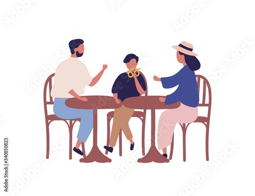 Cartoon family sitting at table in cafeteria vector flat illustration. Colorful parents and kid boy having lunch at outdoors bistro isolated on white background. Mother  father and son eat together
