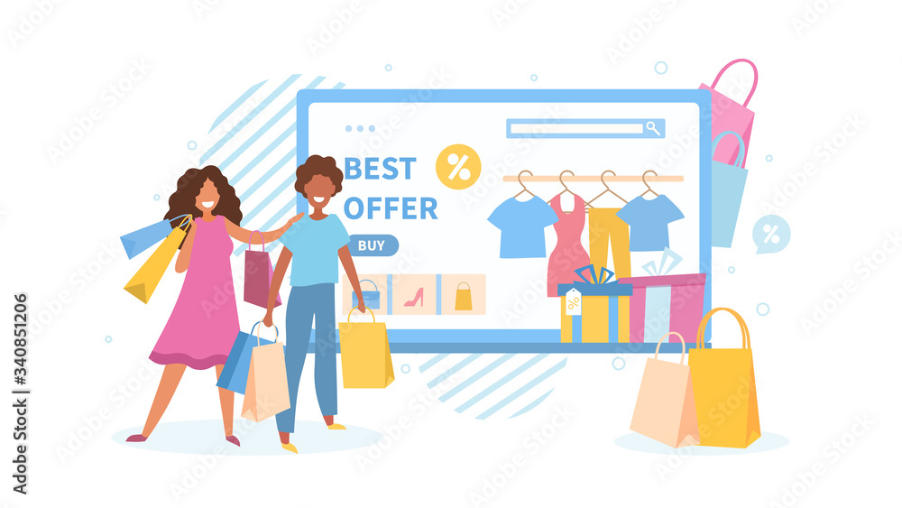 Spring or summer fashion sale concept with Best Offer sign in a shop window and two happy shoppers, a young couple, carrying bags, vector illustration Spring or summer fashion sale concept with Best Offer sign in a shop window and two happy shoppers, a young couple, carrying bags, vector illustration
