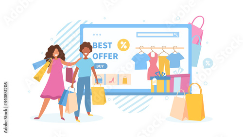 Spring or summer fashion sale concept with Best Offer sign in a shop window and two happy shoppers, a young couple, carrying bags, vector illustration