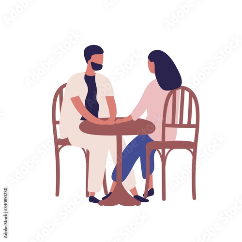 Cartoon couple having romantic date at street cafe vector flat illustration. Colorful man and woman sitting at table in cafeteria isolated on white. Enamored people talk at restaurant