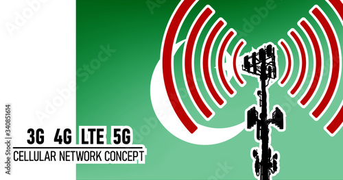 Cellular mobile tower connection network concept for Pakistan, vector illustration of 3g 4g LTE and 5g dangerous waves from the cell tower, risk of 5G idea in colors green, white