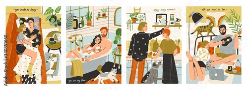 Colorful collection of vertical greeting cards for Valentine's day. Cute couples spending time together at home. Young family relaxing, cooking and taking bath. Romantic posters. Vector illustration