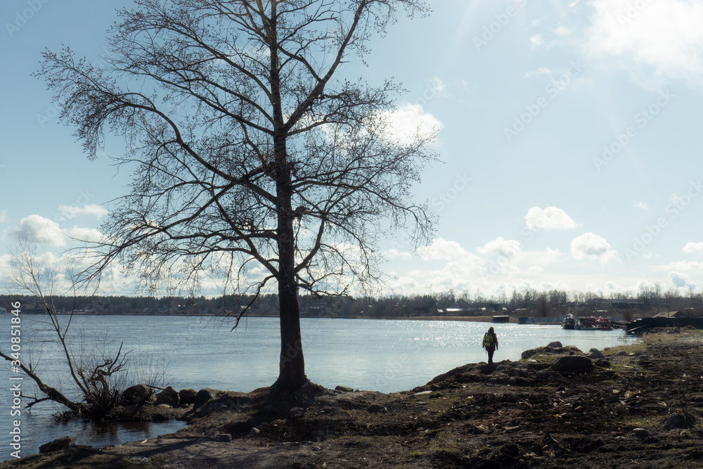 
silhouette of a traveler on the banks of a large navigable river