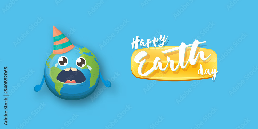 Cartoon earth day horizontal banner with cute crying earth planet character with funny hat isolated on blue sky background. Eath day concept horizontal design template with funny kawaii earth globe Cartoon earth day horizontal banner with cute crying earth planet character with funny hat isolated on blue sky background. Eath day concept horizontal design template with funny kawaii earth globe