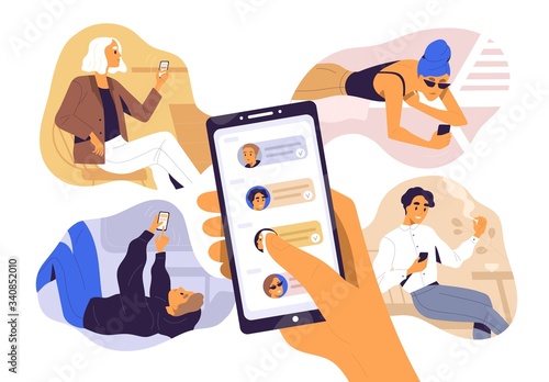 Concept of sharing news, refer friends online. Hand holding smartphone with contacts on screen. Person forwards messages to friends or colleagues. Vector illustration in flat cartoon style