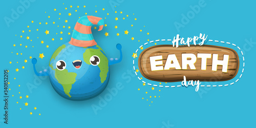 Cartoon earth day horizontal banner with cute smiling earth planet character with funny hat isolated on blue sky background. Eath day concept horizontal design template with funny kawaii earth globe