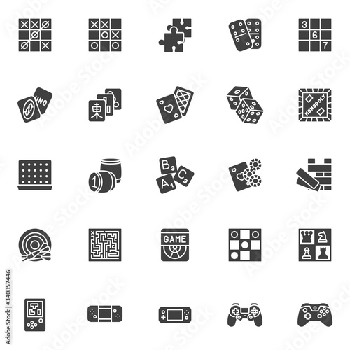 Board games vector icons set, modern solid symbol collection, Leisure games filled style pictogram pack. Signs logo illustration. Set includes icons as chess, playing cards, casino chip, puzzle, lotto