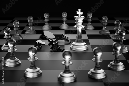 King of clear white chess has made checkmate king of black chess in dark black background. Concept of the strategic planning of leadership for victory in the competition of business games. 3D render.