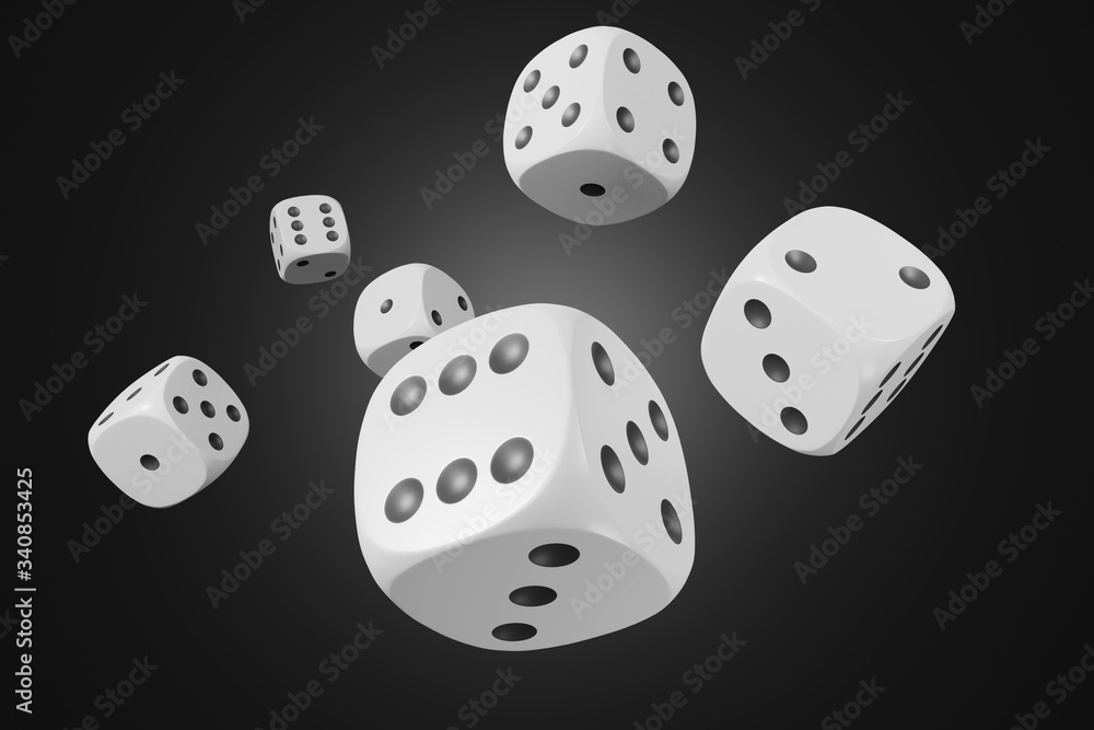 Set of white dices isolated on black background. 3d rendering - illustration. Set of white dices isolated on black background. 3d rendering - illustration.