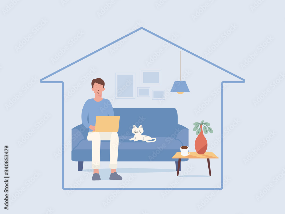 Man working online with a computer laptop on the sofa in the living room of the home, a cat lying near him. Illustration about the New normal. Man working online with a computer laptop on the sofa in the living room of the home, a cat lying near him. Illustration about the New normal.