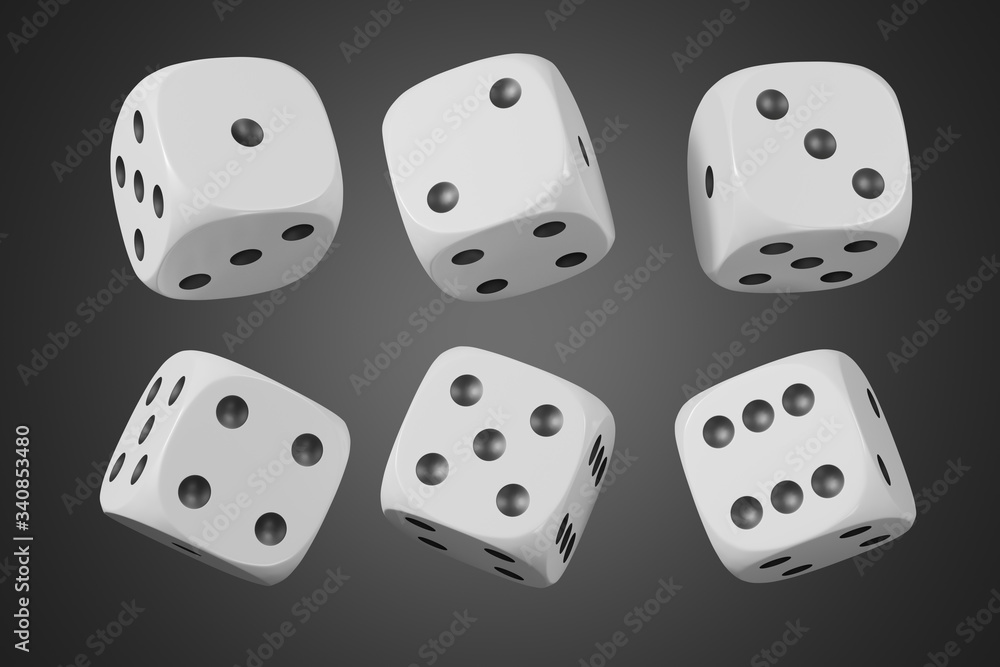 Set of white dices isolated on black background. 3d rendering - illustration. Set of white dices isolated on black background. 3d rendering - illustration.