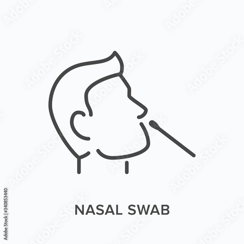 Nasal swab line icon. Vector outline illustration of viral exam. Head and virus test pictorgam