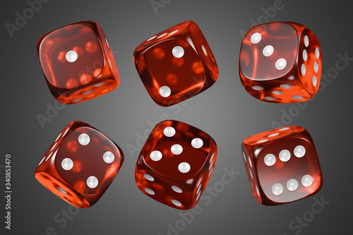 Set of red glass dice isolated on black background. 3d rendering - illustration.