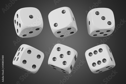 Set of white dices isolated on black background. 3d rendering - illustration.