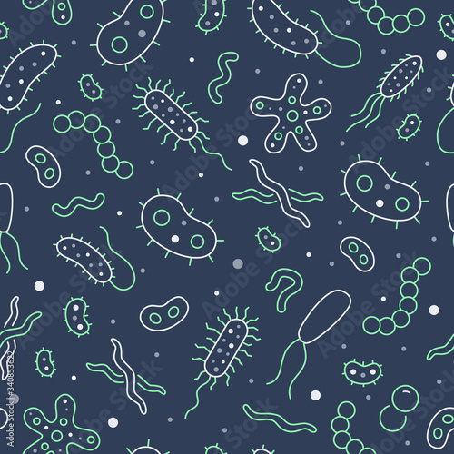 Bacteria, virus, microbe dark seamless pattern. Vector background included line icons as microorganism, germ, mold, cell, probiotic outline pictogram for microbiology infographic