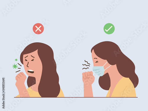 Woman coughing and Sneezing make a virus spreading and Woman wearing a surgical mask for stop spread Diseases. Illustration about correctly and incorrectly way when you sick.