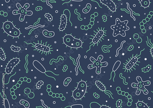 Bacteria, virus, microbe dark seamless pattern. Vector background included line icons as microorganism, germ, mold, cell, probiotic outline pictogram for microbiology infographic