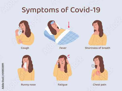 Main symptoms of Covid-19 or disease from coronavirus. Illustration about health check up for patient with cute woman cartoon.