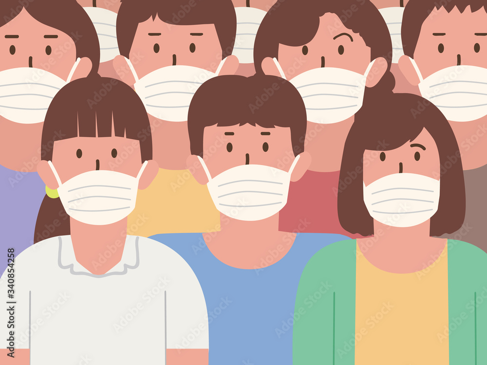 Fototapeta premium People in crowd wearing medical mask. Illustration about health care with medical item from pollution and pandemic.