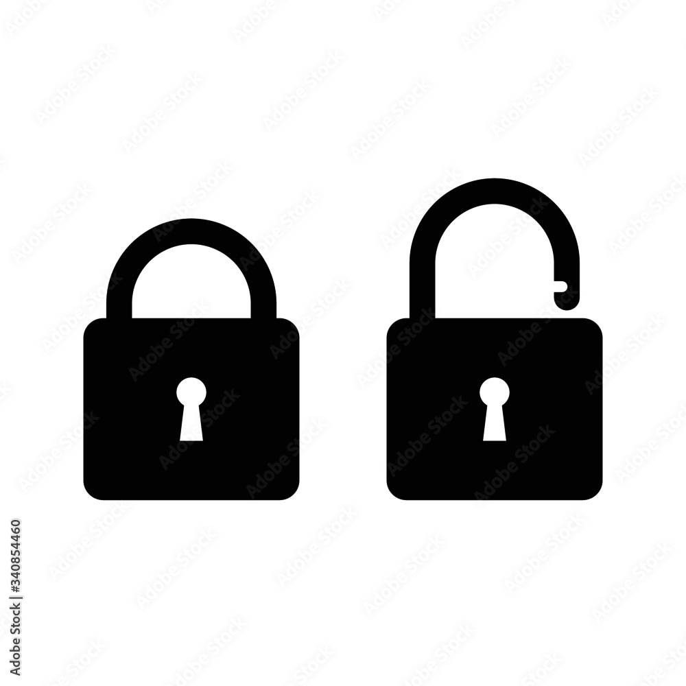 Vector flat style illustration of locked and unlocked padlocks icons isolated on white background - Lock & unlock icon safety concept Vector flat style illustration of locked and unlocked padlocks icons isolated on white background - Lock & unlock icon safety concept
