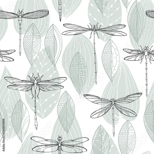 Abstract leaves and dragonflies. Seamless pattern on white. Vector illustration.