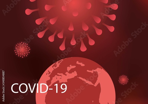 Coronavirus over the world. Close-up of  coronavirus and the globe. Vector illustration in red.