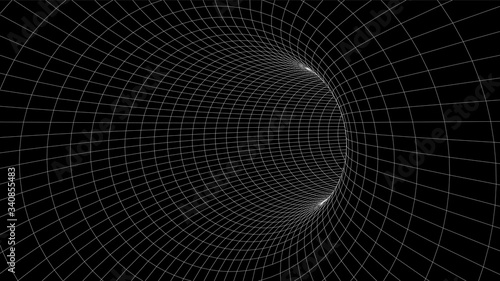 Wireframe vector tunnel. 3d wormhole dark illustration.
