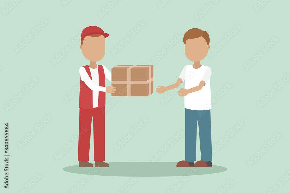 Courier deliver package to man. Vector illustration.