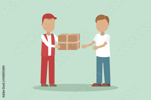 Courier deliver package to man. Vector illustration.