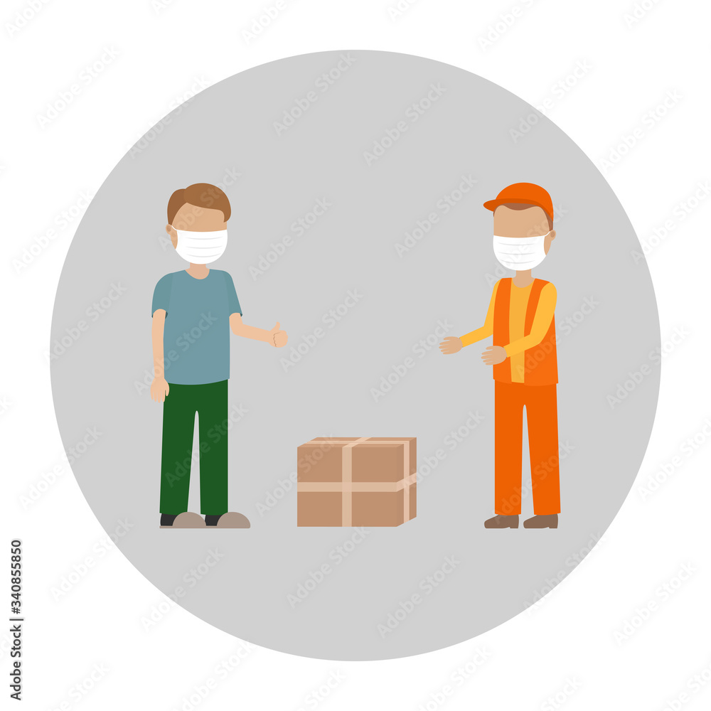 Obraz premium Courier in medical mask throw package to man. Vector illustration.