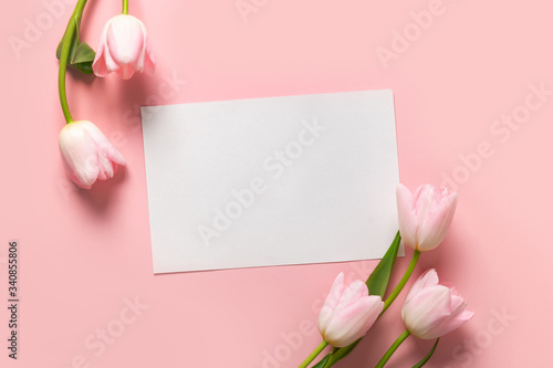 Pink tulips and empty greeting card for cheers on pastel pink. Top view with copy space. Mother Day. © svetlana_cherruty