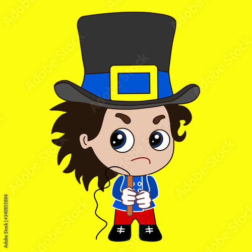 emoticon with vintage grumpy tiger tamer with a whip that forces his animals to do some tricks, retro lion handler boy wearing a top hat while holding a knout