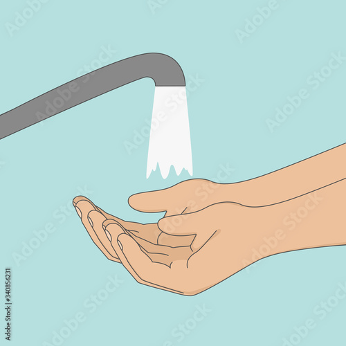 Rinsing hands under running water. Vector illustration.
